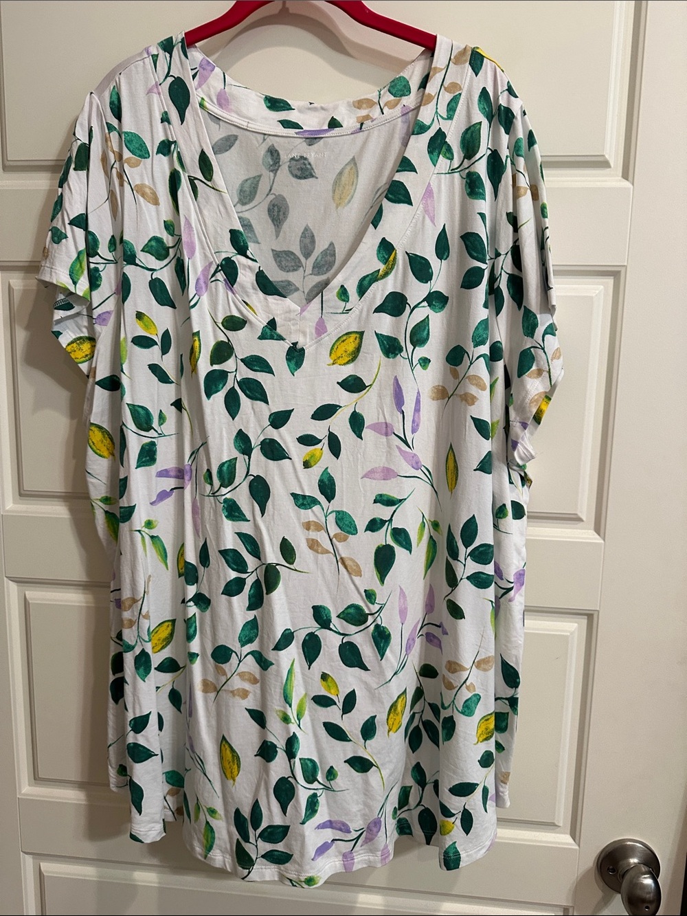 White V-Neck Tunic Top with Green Leaf Print